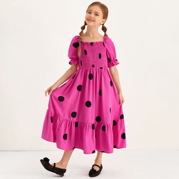 

Girls Puff Sleeve Shirred Bodice Ruffle Hem Polka Dot Dress, Hot pink bright