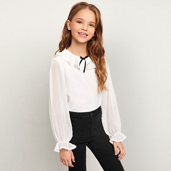 

Girls Bow Front Pleated Trim Bell Sleeve Top, White