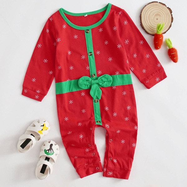 

Baby Girl Snow Print Bow Front Jumpsuit, Red