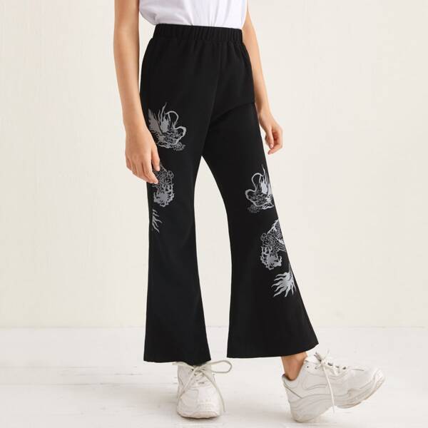 

Girls Flare Leg Dragon Print Pants, Black