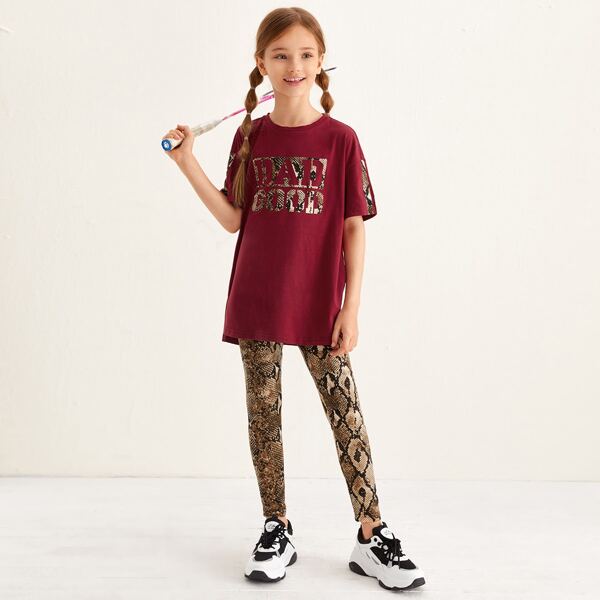 

Girls Drop Shoulder Letter Graphic Top & Snakeskin Leggings Set, Multicolor