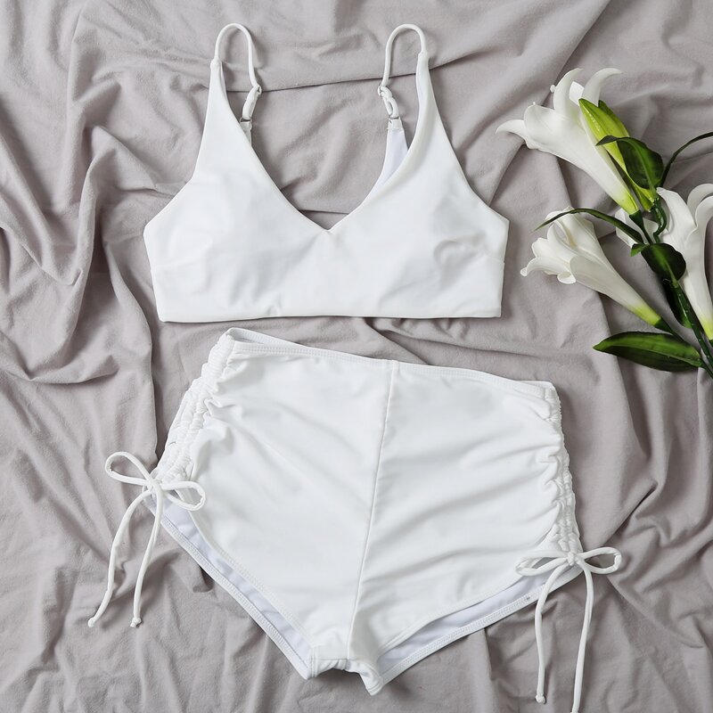 

Plain Drawstring Side Shorts Bikini Swimsuit, White