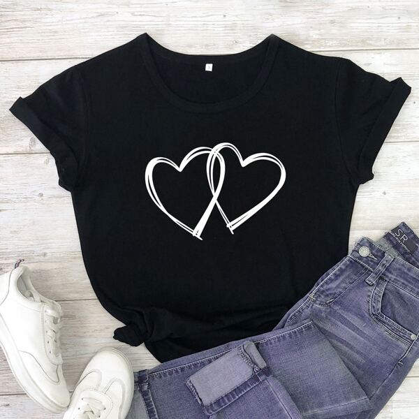 

Plus Heart Print Short Sleeve Tee, Black