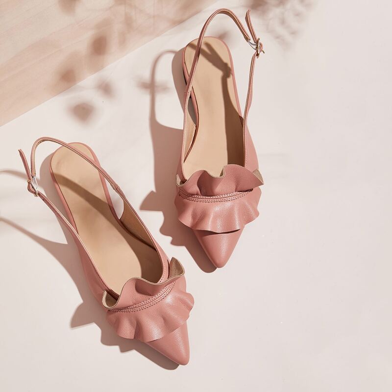

Point Toe Ruffle Decor Slingback Flats, Pink
