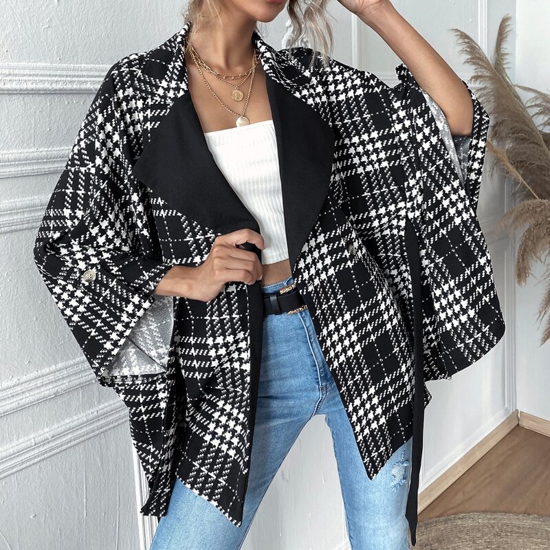 

Lapel Collar Plaid Print Belted Coat, Black and white