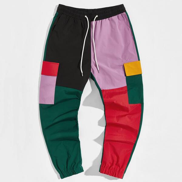 

Men Flap Pocket Colorblock Cargo Pants, Multicolor