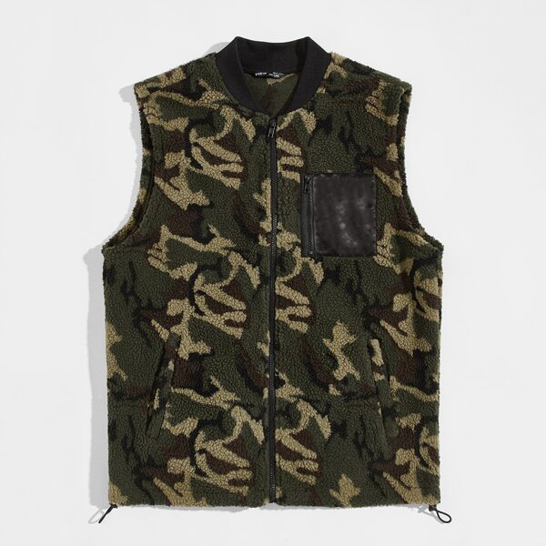 

Men Zipper Patch Pocket Camo Teddy Vest, Multicolor