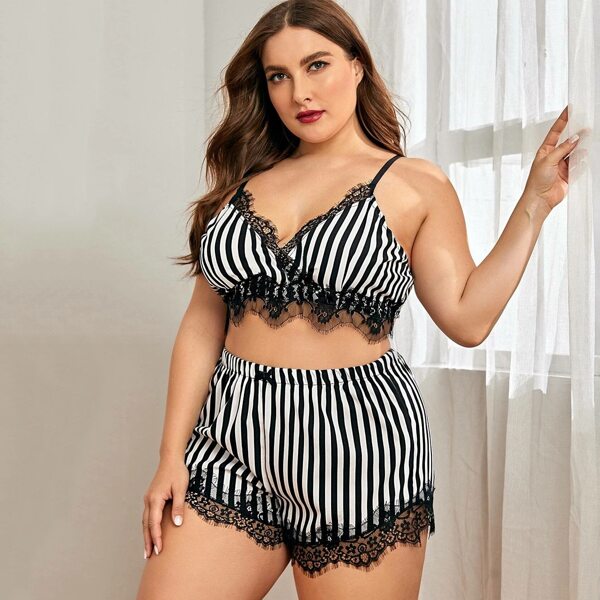 

Plus Striped Lace Trim Lingerie Set, Black and white