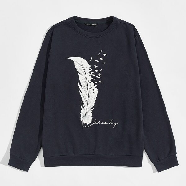 

Men Feather & Slogan Graphic Pullover, Navy blue