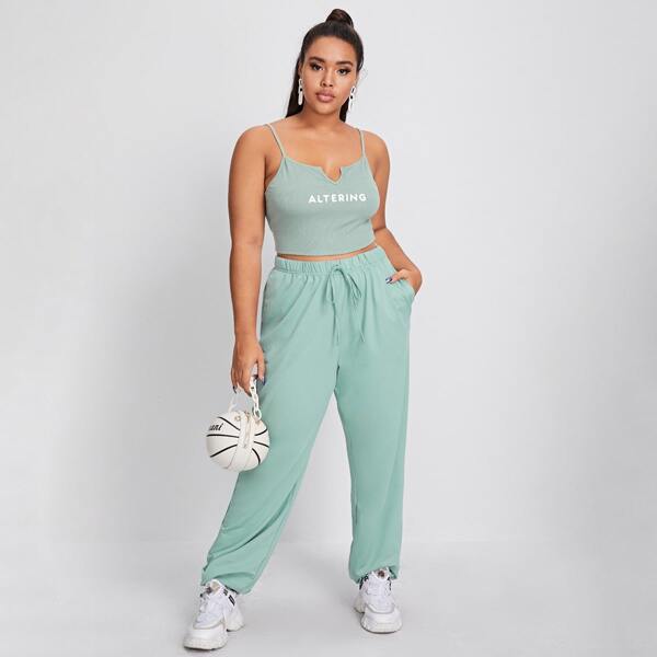 

Plus Letter Graphic Rib-knit Cami Top & Sweatpants Set, Pastel mint green