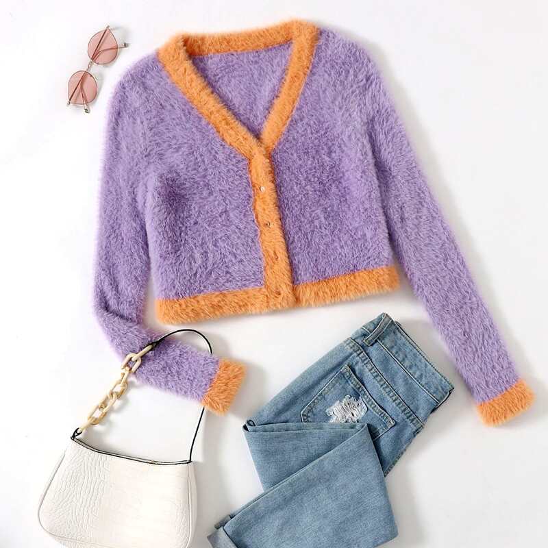

Contrast Trim Fluffy Knit Cardigan, Lilac purple