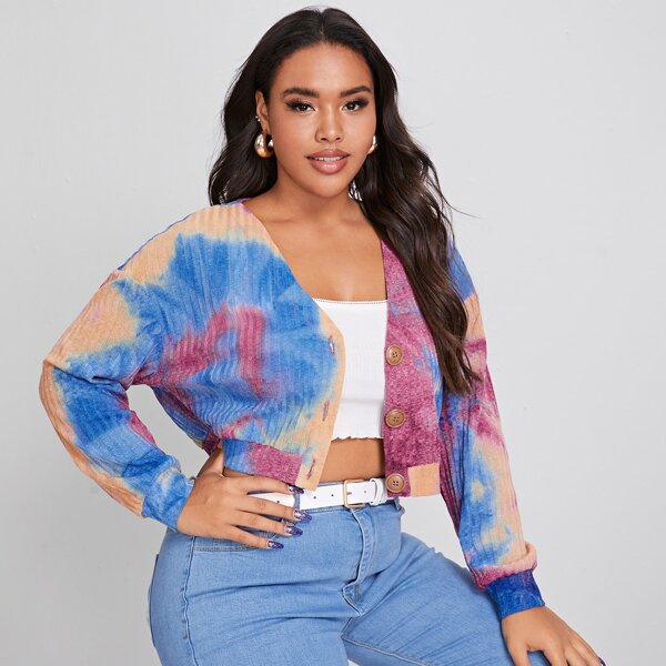 

Plus Drop Shoulder Button Up Tie Dye Cardigan, Multicolor