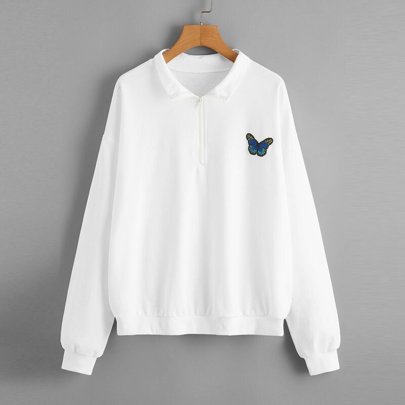 

Butterfly Embroidery Half Zip Sweatshirt, White