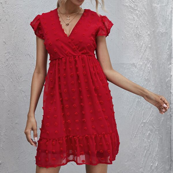 

Swiss Dot Surplice Neck Ruffle Hem Dress, Red