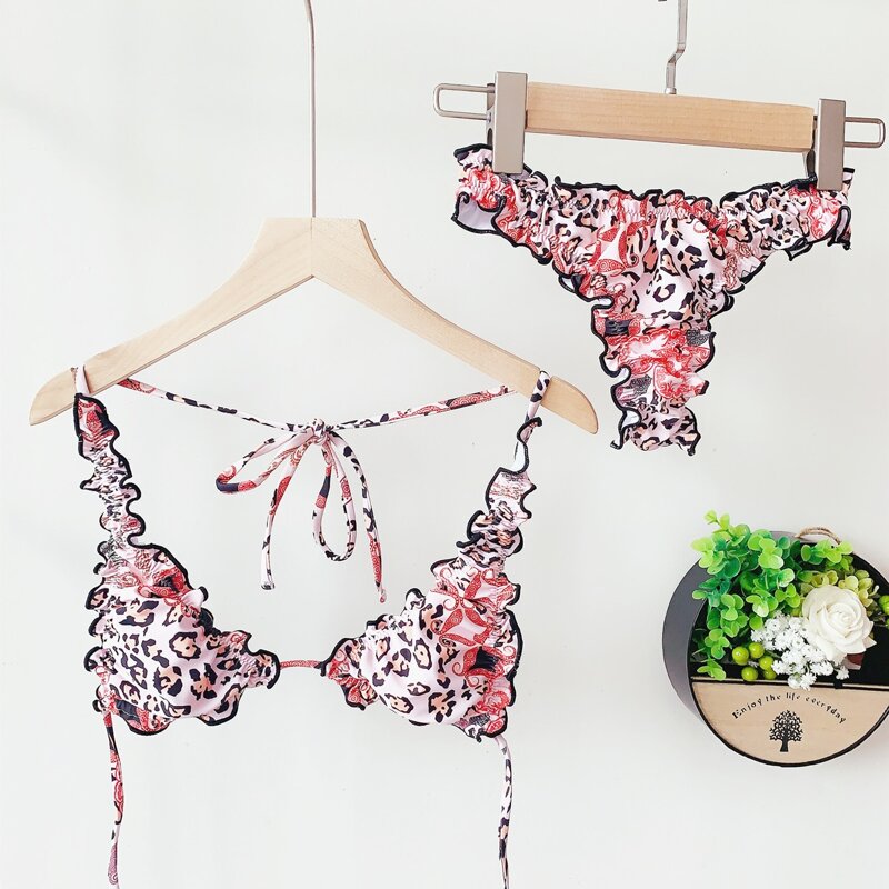 

Tribal & Leopard Lettuce Trim Bikini Swimsuit, Multicolor