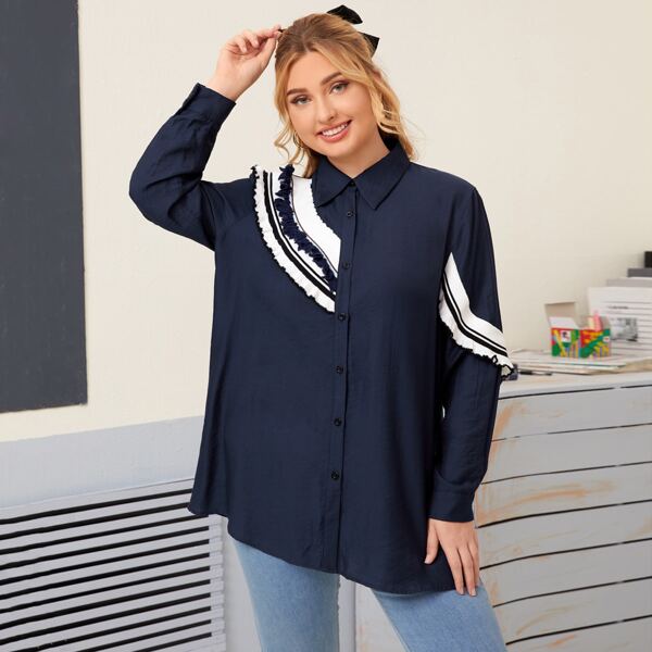 

Plus Striped Print Button Front Blouse, Navy blue