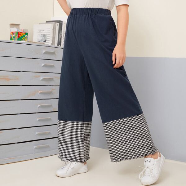 

Plus Houndstooth Print Raw Hem Wide Leg Pants, Navy blue