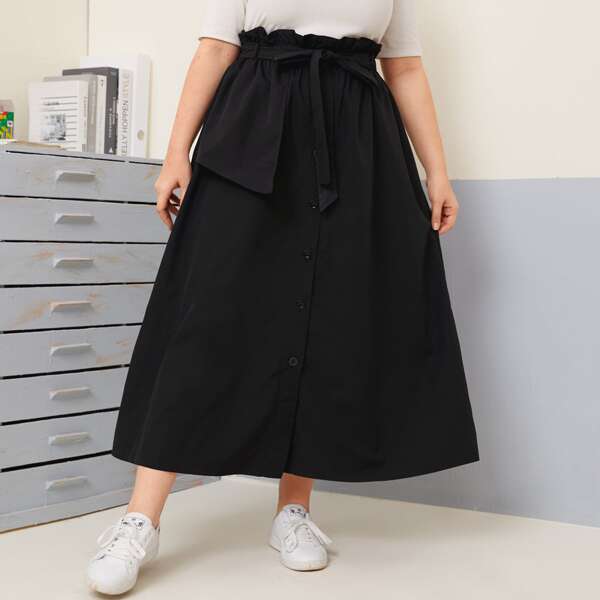 

Plus Button Front Paper Bag Waist Belted Skirt, Black