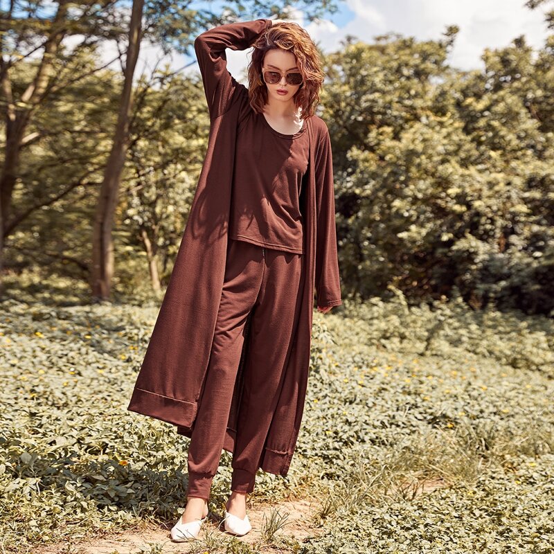 

3pcs Solid Tank Top & Drawstring Waist Sweatpants & Coat Set, Rust brown