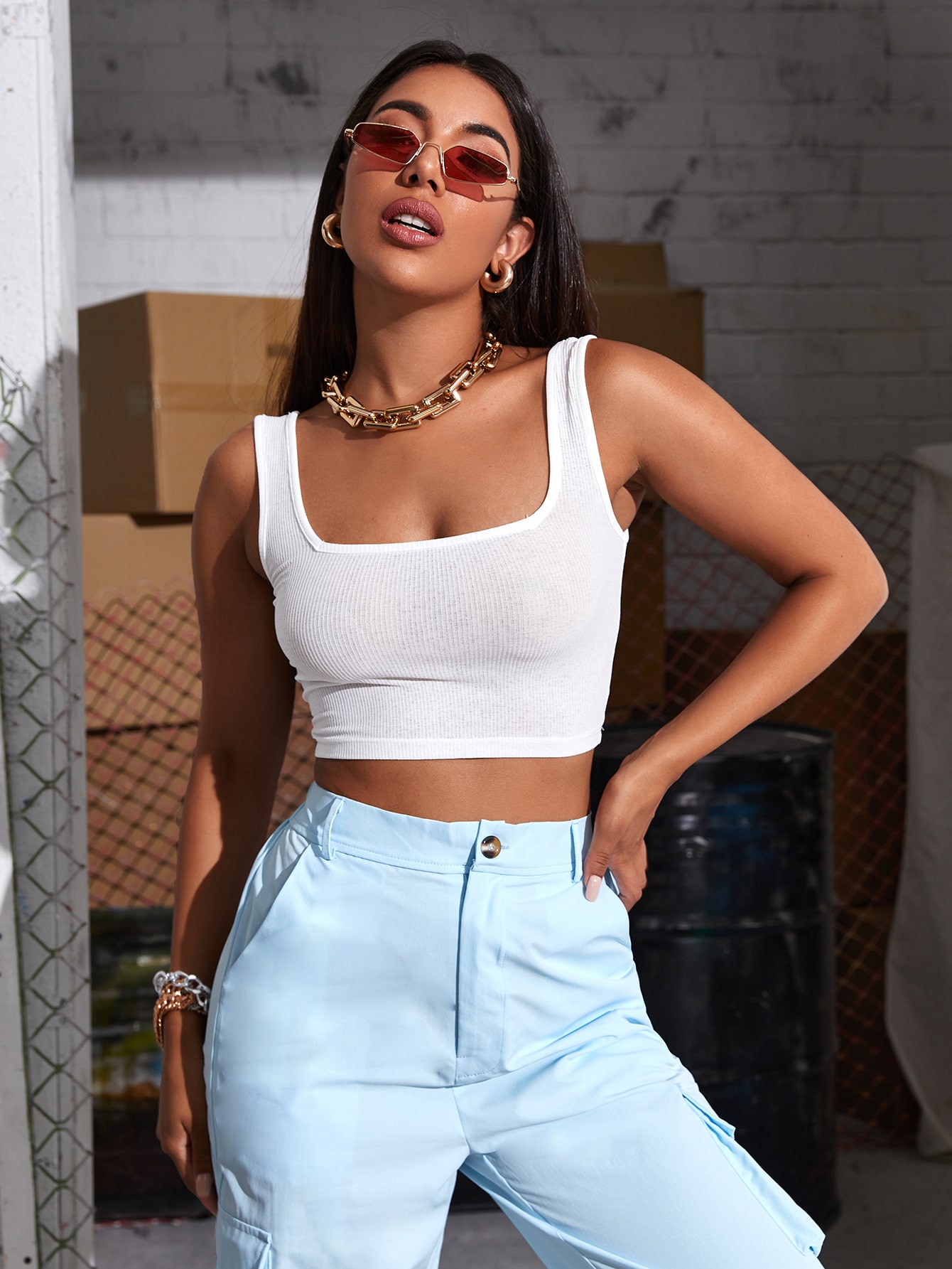 Square Neck Rib-knit Crop Tank Top thumbnail