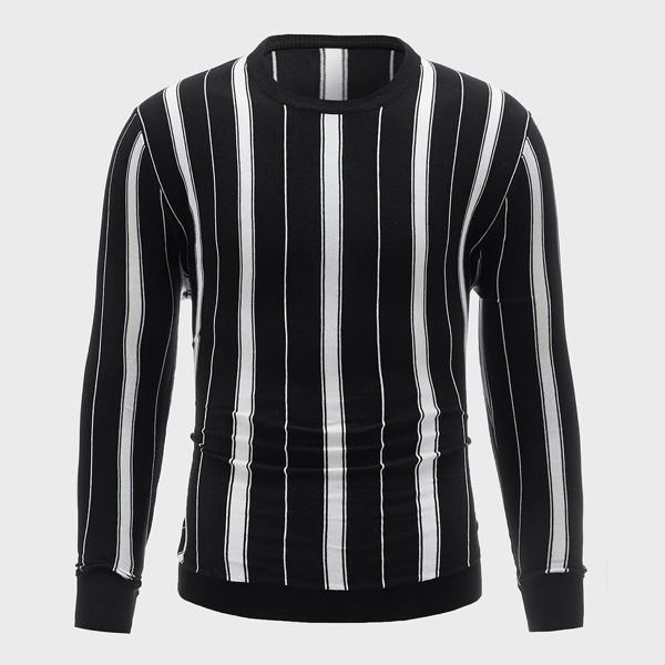 

Men Round Neck Striped Sweater, Black and white