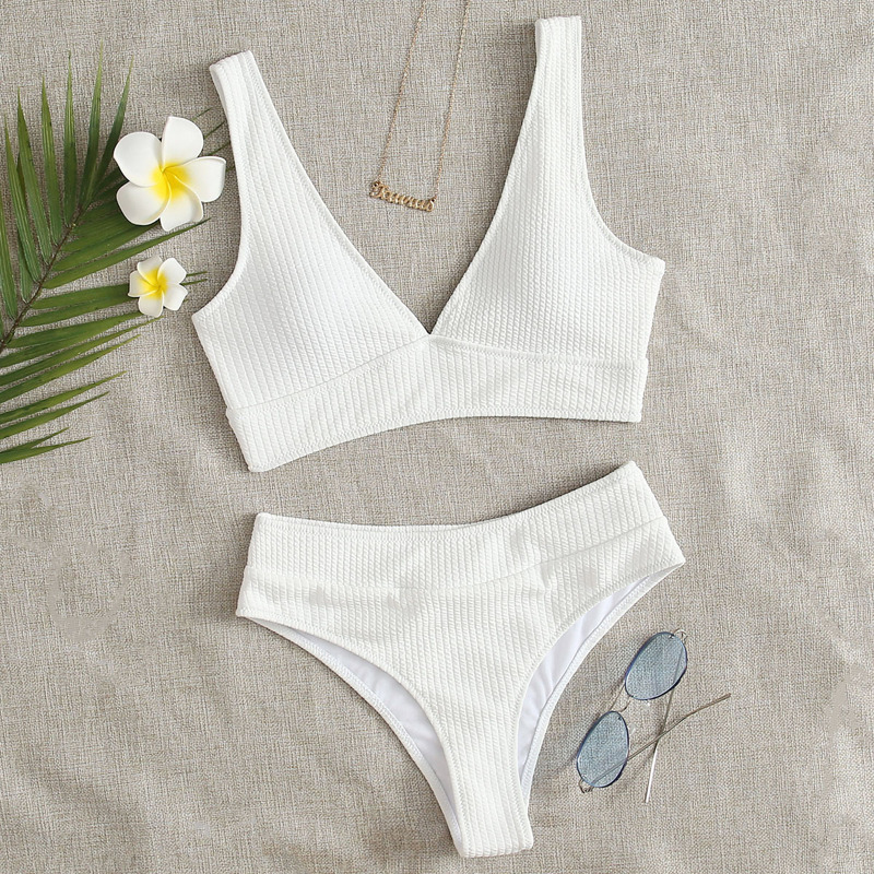 

Textured V Neck High Waisted Bikini Swimsuit, White