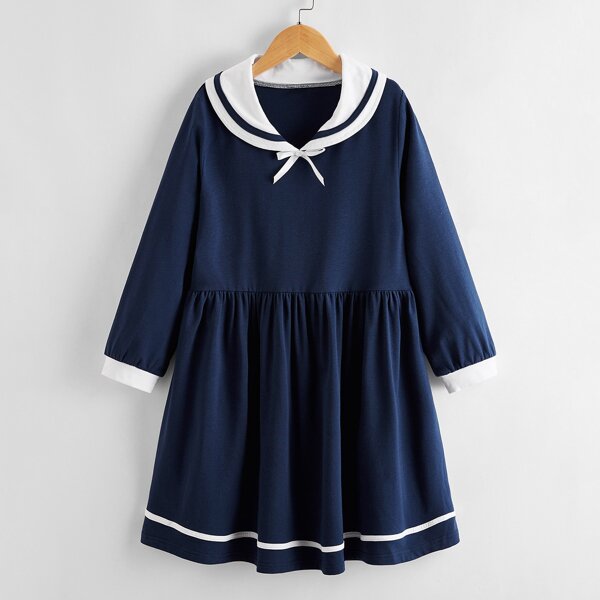 

Girls Sailor Collar Contrast Tape Dress, Navy blue