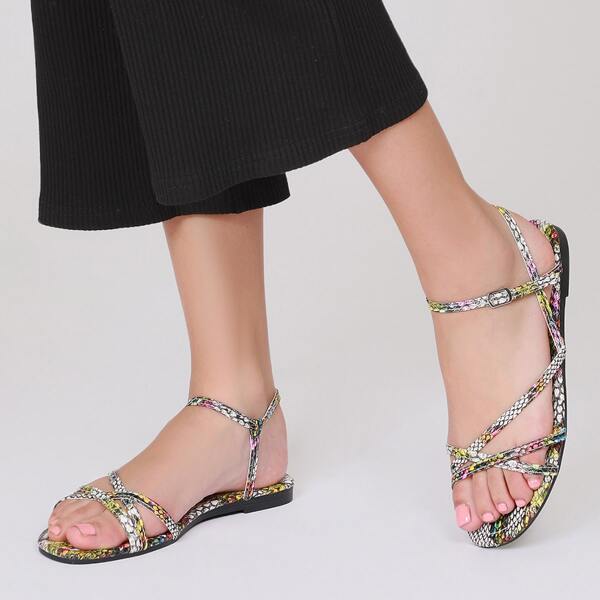 

Snakeskin Strappy Open Toe Ankle Strap Sandals, Multicolor