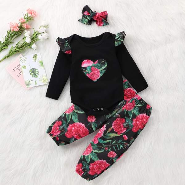 

Baby Girl Floral Print Ruffle Bodysuit & Pants & Headband, Multicolor