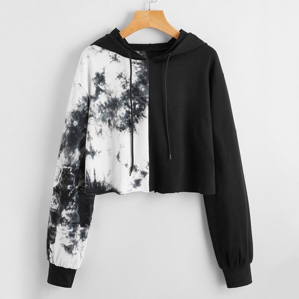 

Tie Dye Drawstring Hooded Sweatshirt, Black and white