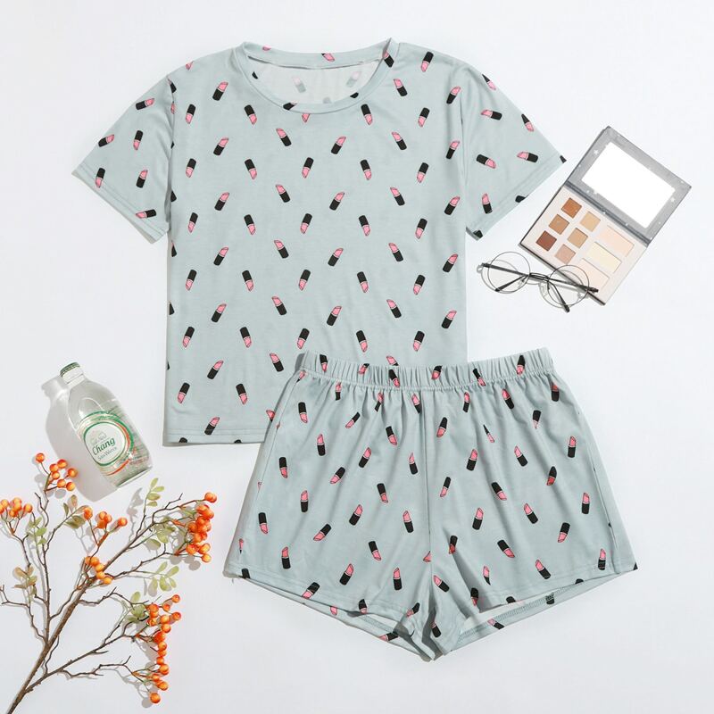 

All Over Lipstick Print PJ Set, Light grey