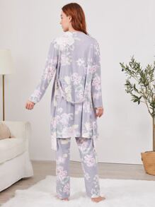 3 piezas conjunto de pijama con estampado floral con túnica con cinturón - Gris Claro - Ver 2