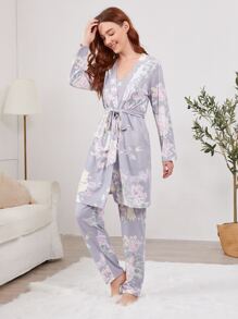 3 piezas conjunto de pijama con estampado floral con túnica con cinturón - Gris Claro - Ver 1