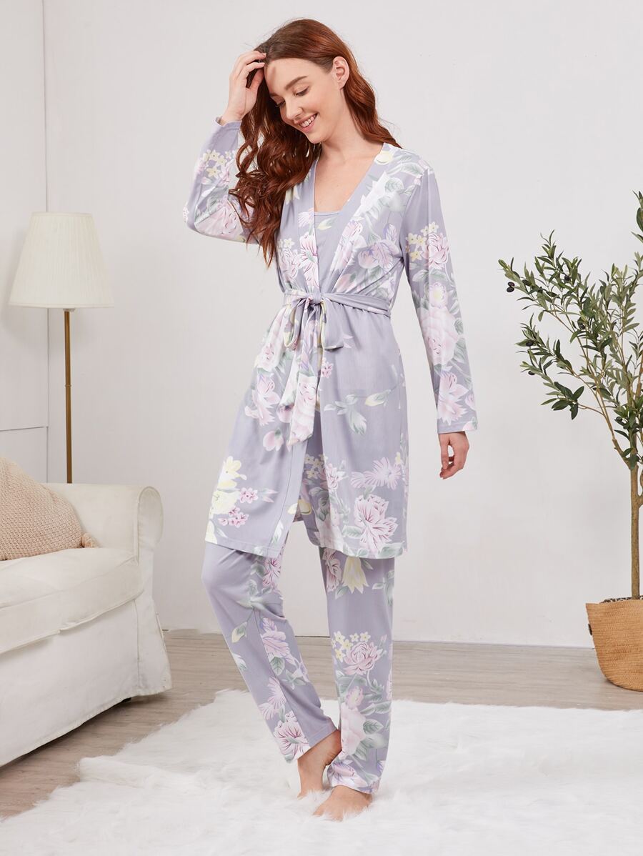 3 piezas conjunto de pijama con estampado floral con túnica con cinturón - Gris Claro - Ver 1