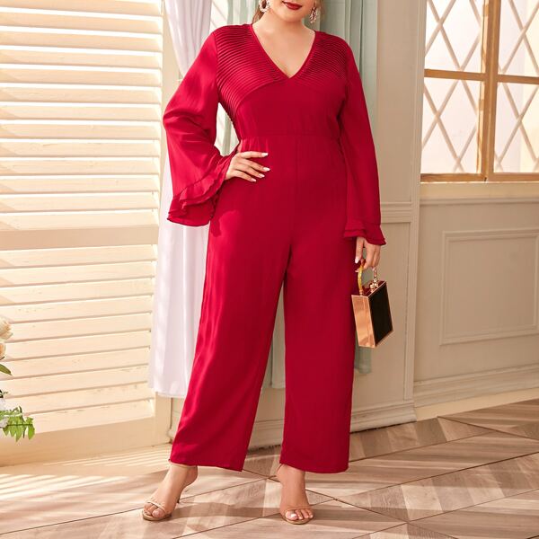 

Plus Layered Flounce Solid Jumpsuit, Red