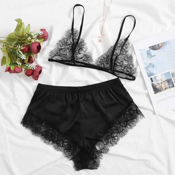 

Lace Triangle Top & Shorts PJ Set, Black