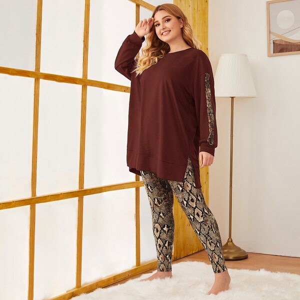 

Plus Drop Shoulder Split Hem Snakeskin Side Top & Leggings PJ Set, Multicolor