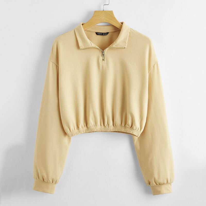 

Drop Shoulder Zipper Half Placket Pullover, Apricot