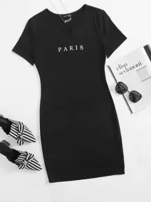 SHEIN Essnce Vestido ajustado de cuello V con estampado de letra - Negro - Ver 1