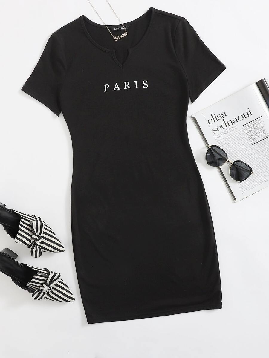 SHEIN Essnce Vestido ajustado de cuello V con estampado de letra - Negro - Ver 1