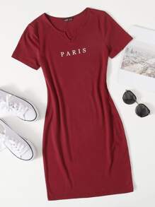 SHEIN Essnce Letter Graphic Notch Neck Bodycon Dress - Burgundy - View 1