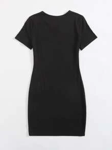 SHEIN Essnce Vestido ajustado de cuello V con estampado de letra - Negro - Ver 2
