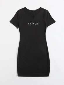 SHEIN Essnce Vestido ajustado de cuello V con estampado de letra - Negro - Ver 4