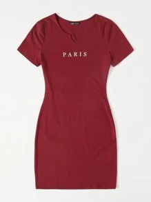 SHEIN Essnce Letter Graphic Notch Neck Bodycon Dress - Burgundy - View 5