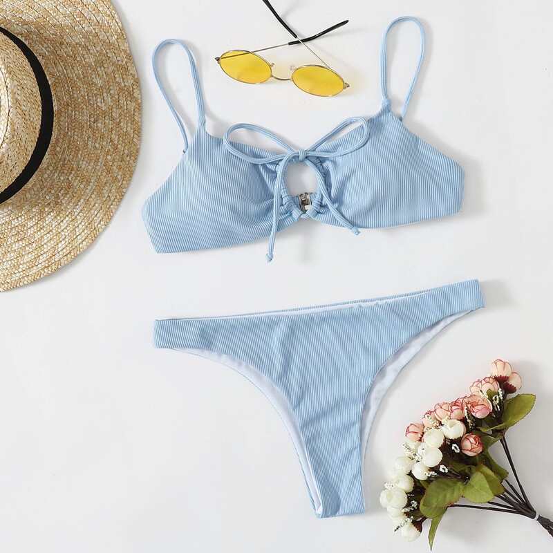 

Ribbed Drawstring Front Bikini Swimsuit, Pastel baby blue