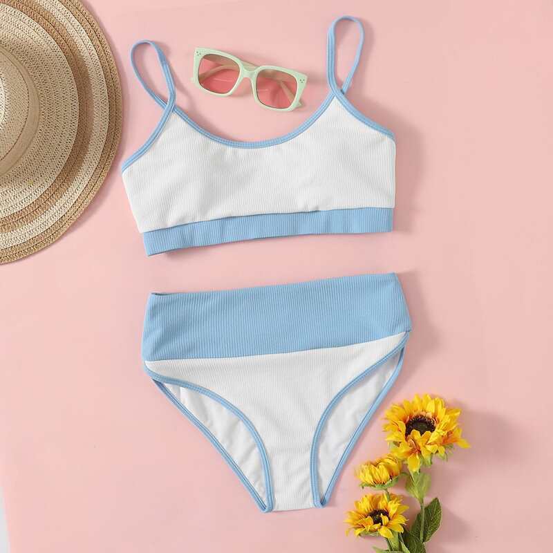 

Colorblock High Waist Bikini Swimsuit, Blue and white