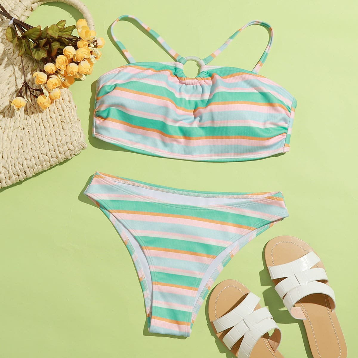 

Ring Linked Stripe Bikini Swimsuit, Multicolor