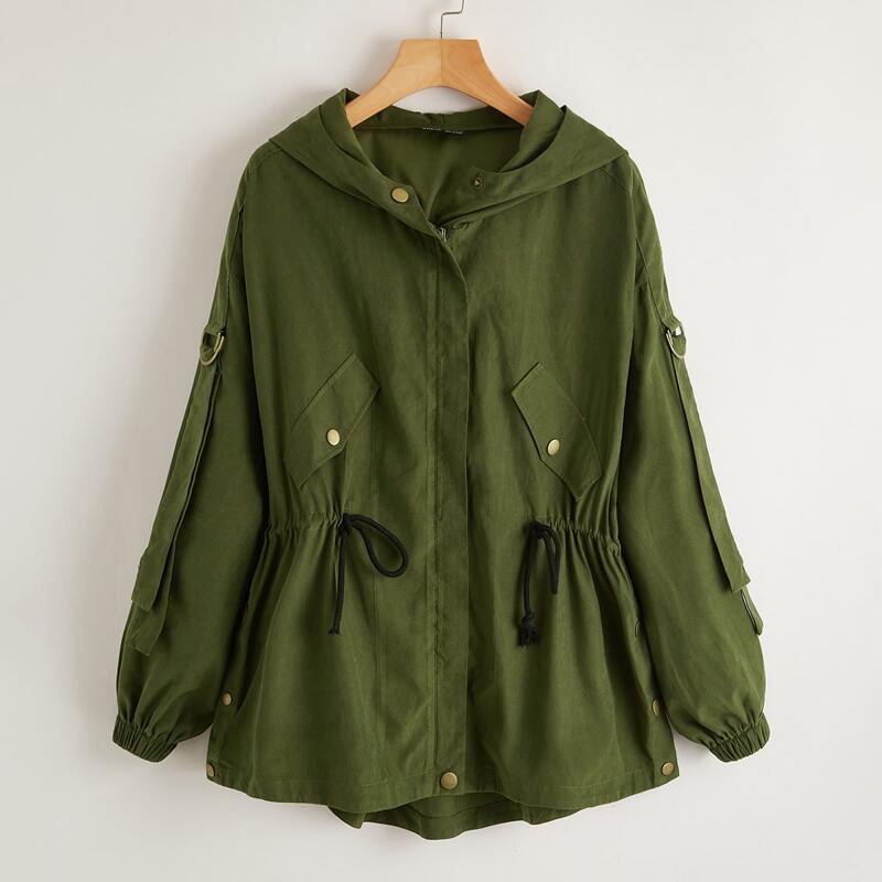 

D-ring Strap Detail Drawstring Waist Hooded Coat, Army green