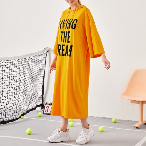 

Slogan Graphic Drop Shoulder Hooded Dress, Bright mustard yellow