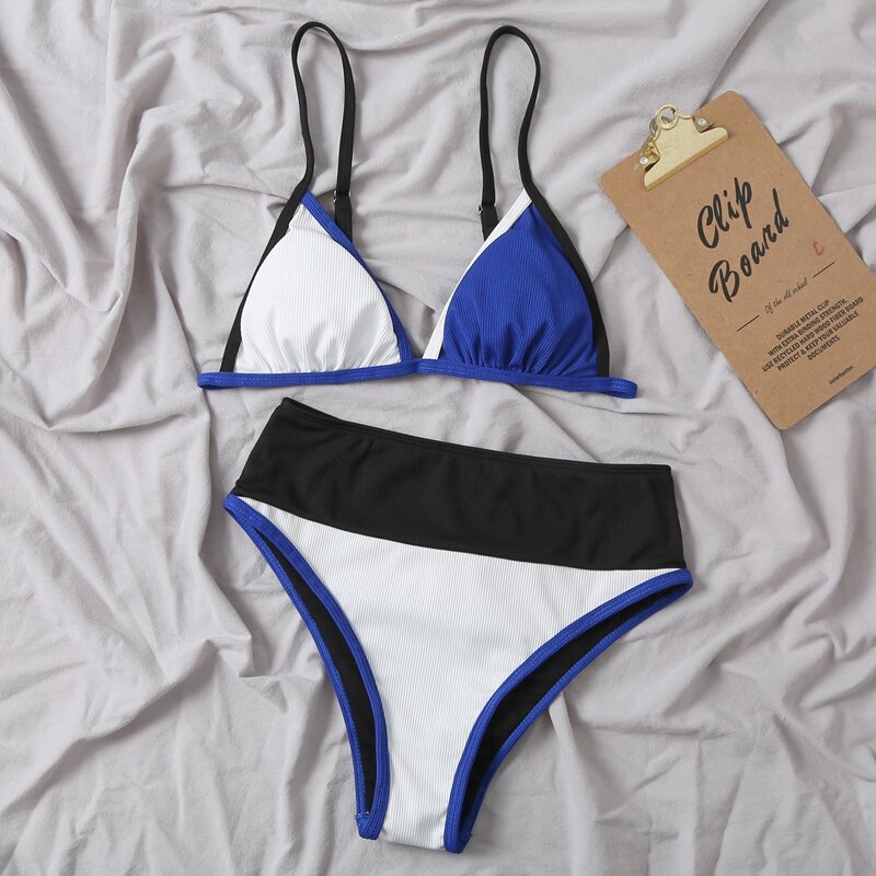 

Color Block Rib Triangle Bikini Swimsuit, Multicolor